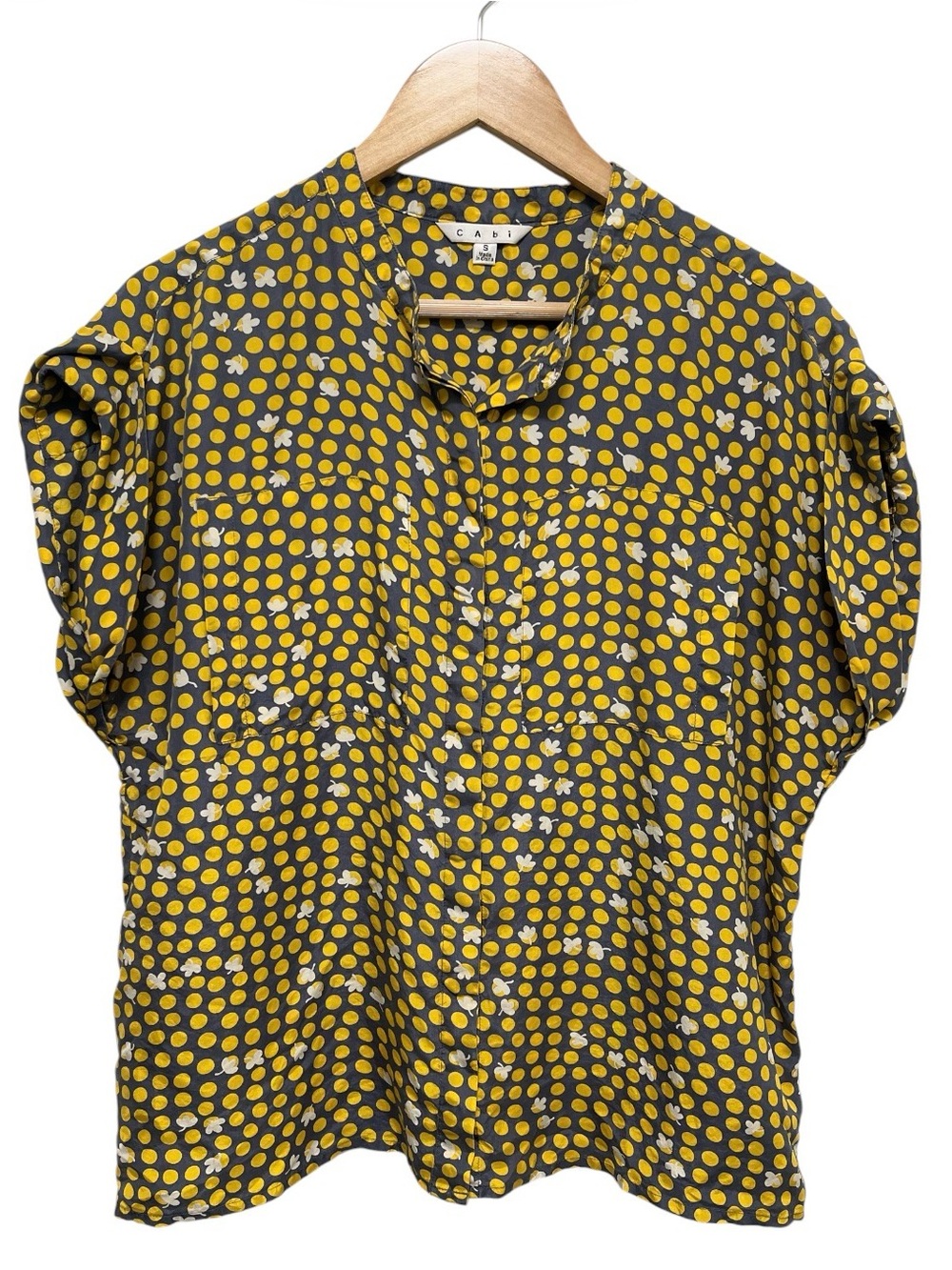 Cabi 100% Silk Yellow Gray Clover Dot Print Cap Sleeve Blouse Size S #183